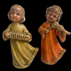 Vintage Musical Christmas Angel 2 Figurines Accordion Violin Glitter Accents